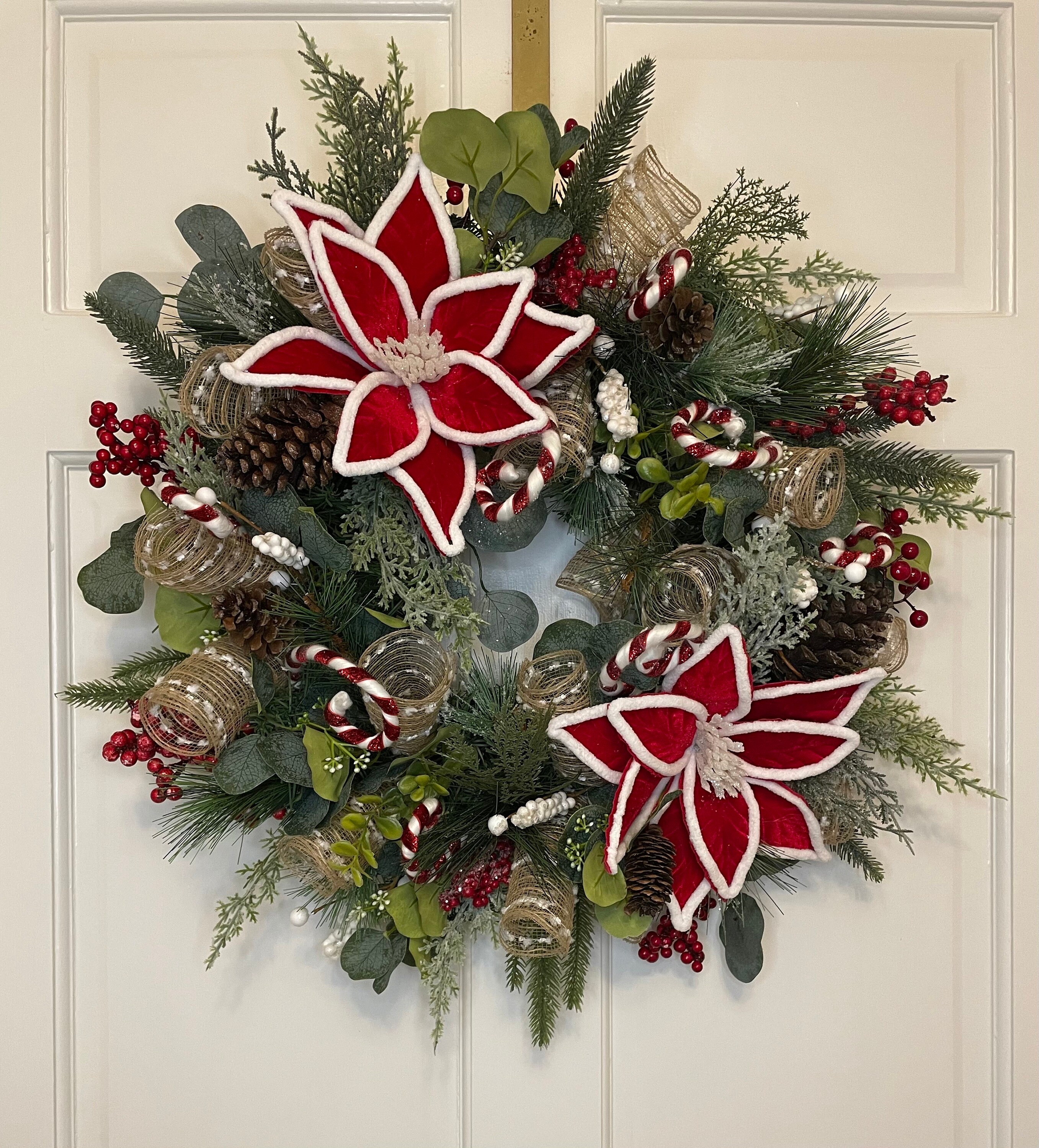 Poinsettia Peppermint Christmas Wreath Centerpiece Red White - Etsy