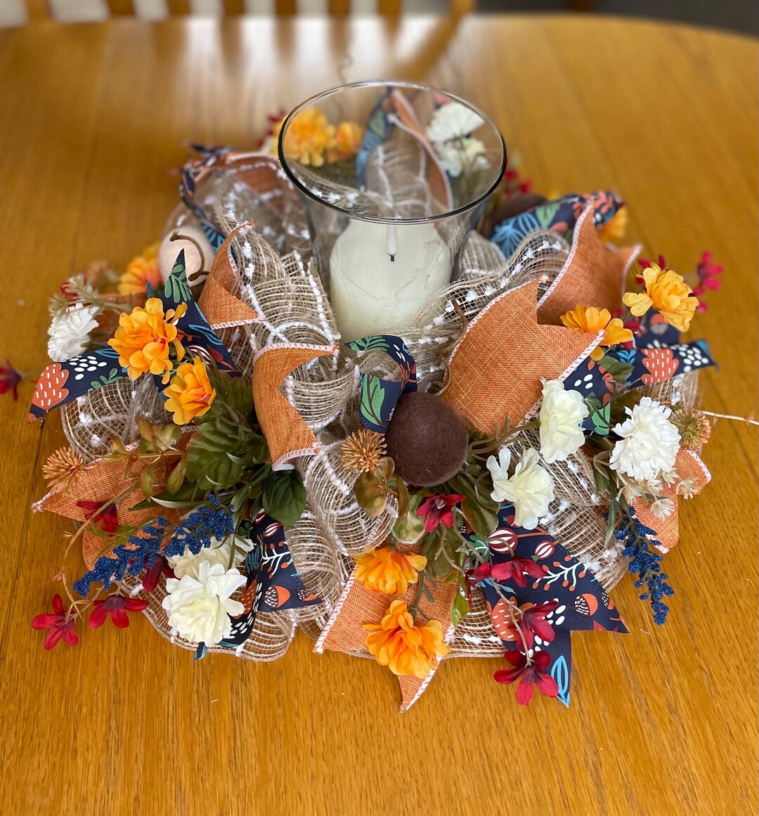 Fall Deco Mesh Centerpiece Candle Ring Acorns Mini Mums Blue Red Orange ...