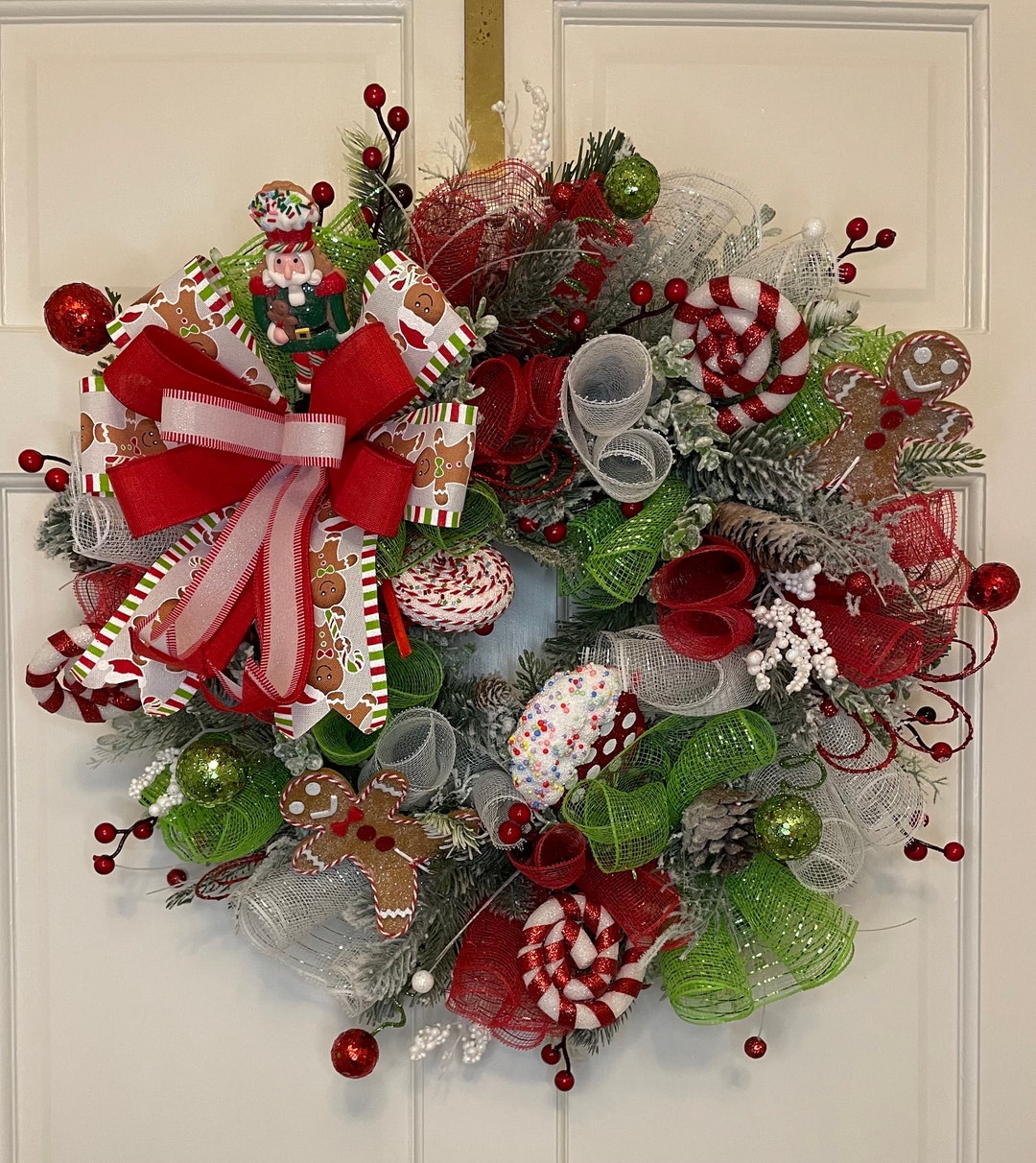 Gingerbread Christmas Wreath Flocked Red White Green - Etsy