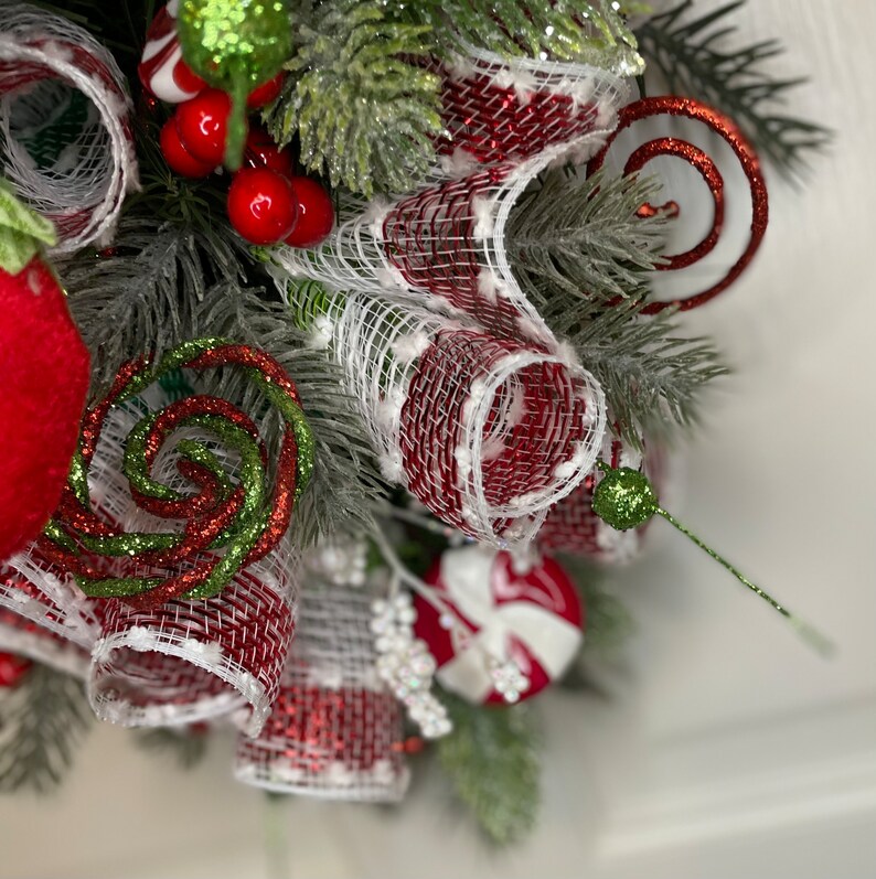 Peppermint Christmas Wreath Swag Centerpiece Elf Shoes Red White Green ...