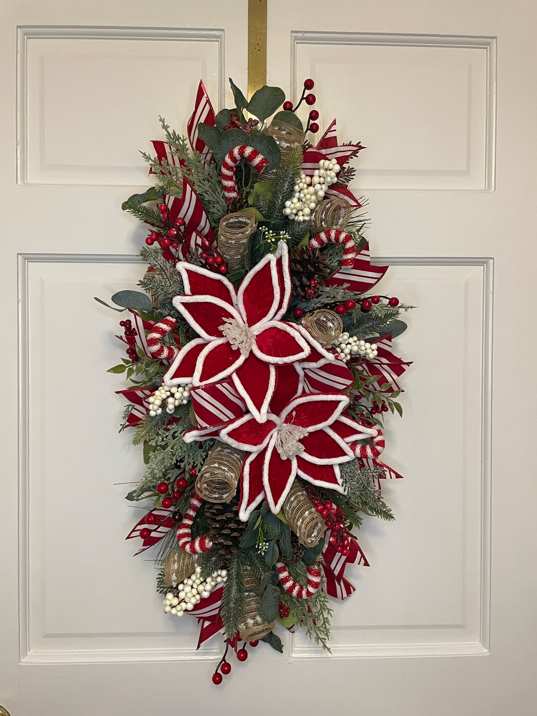 Poinsettia Christmas Wreath Swag Centerpiece Red White - Etsy