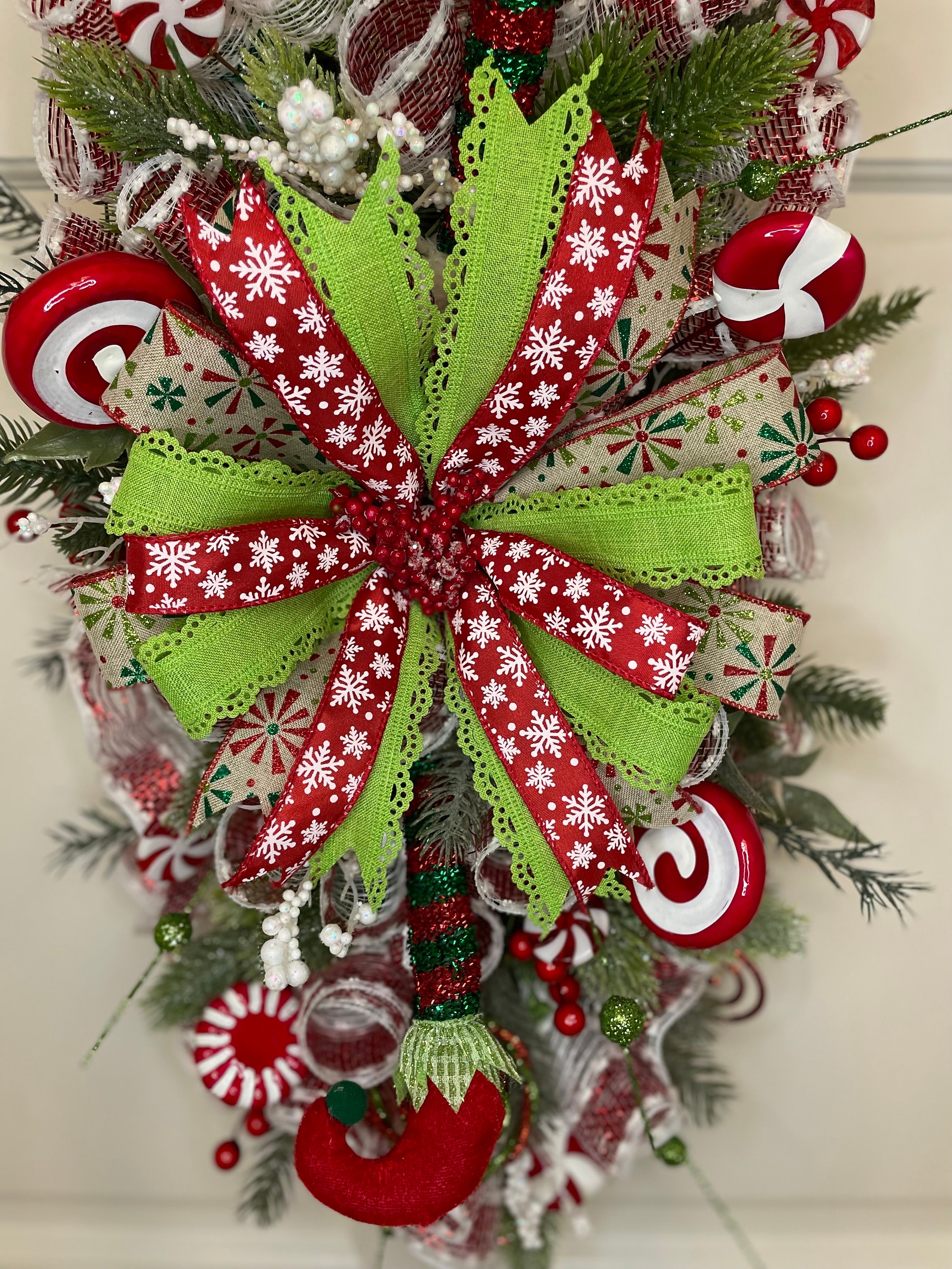 Peppermint Christmas Wreath Swag Centerpiece Elf Shoes Red White Green ...