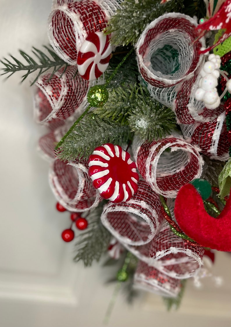 Peppermint Christmas Wreath Swag Centerpiece Elf Shoes Red White Green ...