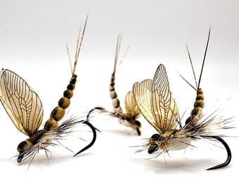 3 Pieces - Realistic Mayfly (Olive Grey) - MAY FLY - Size #12-#20 (Barbless/Barbed) Fly Fishing - Fishing Lure - Beige