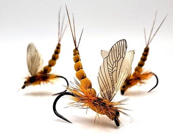3 pieces - Realistic Mayfly (Cinnamon Brown) - MAY FLY - Size #12-#20 (Barbless/Barbed) Fly Fishing - Fishing Lure - Yellow / Brown