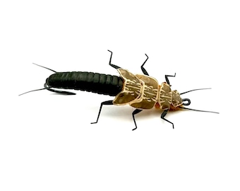 May include: A black and brown fly fishing lure with a segmented body and long antennae.