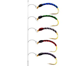 Highly effective Hegene [Black Stripe] Stucki - 5 colorful nymphs with black ribbing - whitefish rig - whitefish, char, lake trout - fishing bait