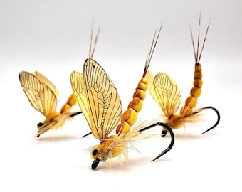 3 Pieces - Realistic Mayfly (Sulphur) - MAY FLY - Size #12-#20 (Barbless/Barbed) Fly Fishing - Fishing Lures - Bright Yellow & Brown