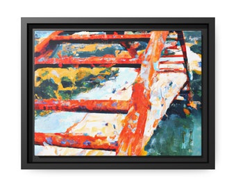 May include: Abstract painting of a red wooden structure with a blue, green, and yellow background.