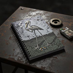Puede incluir: Cuaderno con espiral con una ilustración detallada de una cigüeña fumando un cigarrillo, sobre un paisaje sombrío con líneas eléctricas y aerogeneradores. Un paquete de cigarrillos y un engranaje están junto al cuaderno.