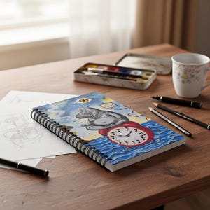 Puede incluir: Cuaderno de espiral con una ilustración surrealista de un hipopótamo sentado en un despertador rojo. El cuaderno presenta un diseño de océano azul y un ojo. También se ven un bolígrafo, un lápiz y una taza floral.
