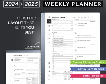 ReMarkable 2 Weekly Planner 2024, 2025, Planificateur numérique avec lien hypertexte, Mensuel, Hebdomadaire, Modèles remarquables