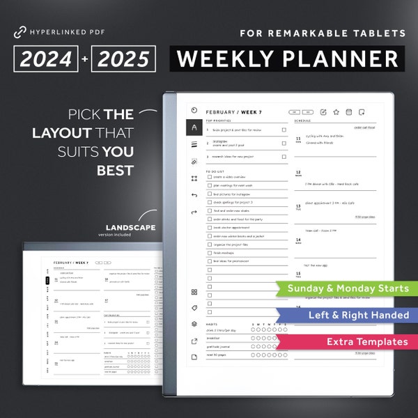 ReMarkable 2 Weekly Planner 2024, 2025, Hyperlinked Digital Planner, Monthly, Weekly, Remarkable Templates