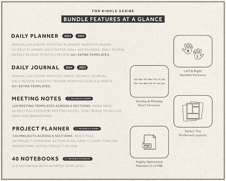 Modèles Kindle Scribe, 2024, 2025, Ensemble de productivité, Planificateur quotidien, Journal quotidien, Carnet, Planificateurs hyperliens image 3
