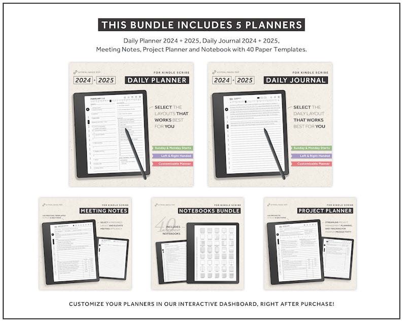 Kindle Scribe Templates, 2024, 2025, Productivity Bundle, Daily planner, Daily Journal, Notebook, Hyperlinked Planners image 2