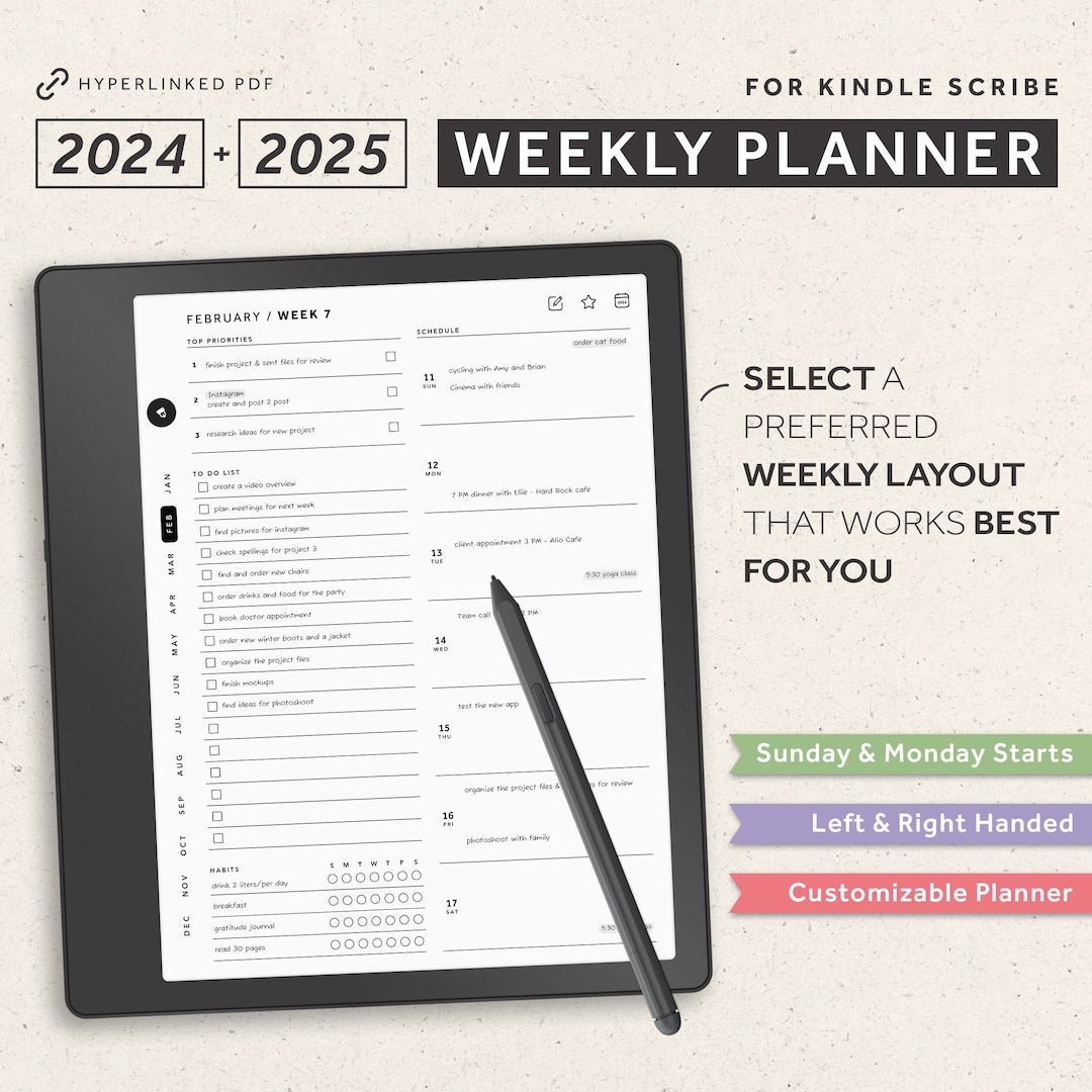 Kindle Scribe Weekly Planner 2024, 2025, Kindle Scribe Templates