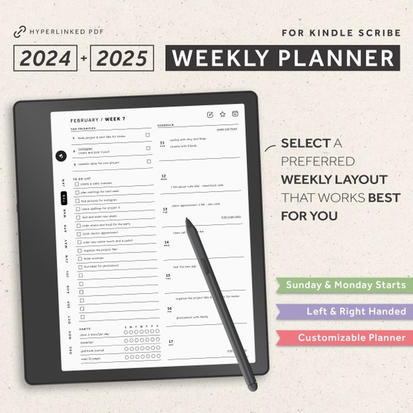 Kindle Scribe Weekly Planner 2024, 2025, Kindle Scribe-sjablonen, hyperlinked digitale planner, maandelijks, wekelijks, doelplanner