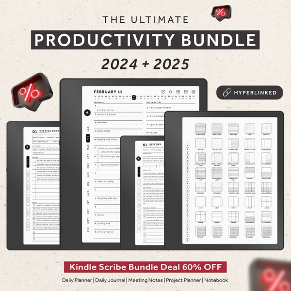 Plantillas Kindle Scribe, 2024, 2025, Paquete de productividad, Planificador diario, Diario, Cuaderno, Planificadores hipervinculados