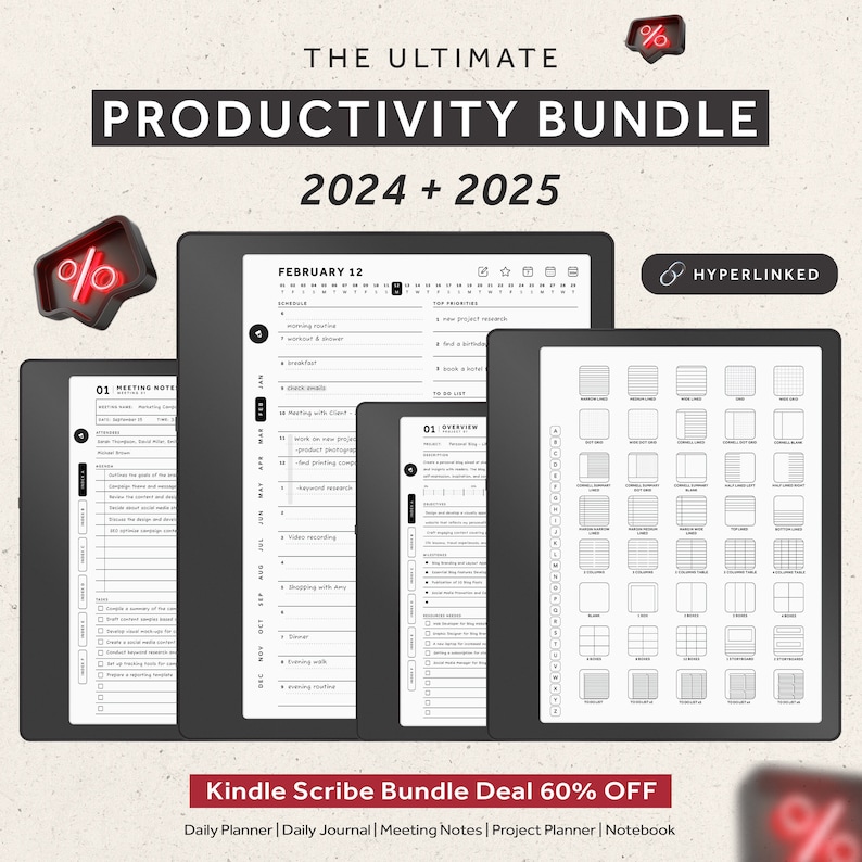 Kindle Scribe Templates, 2024, 2025, Productivity Bundle, Daily planner, Daily Journal, Notebook, Hyperlinked Planners image 1