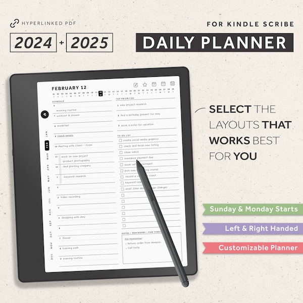 Kindle Scribe Daily Planner, 2024, 2025, Kindle Scribe Templates, Hyperlinked Planner, Daily, Weekly, Monthly