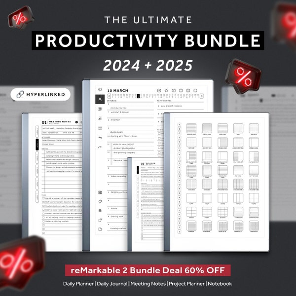 ReMarkable 2 Vorlagen Bundle, Tagesplaner, Journal 2024, 2025, Meeting Notizen, Projektplaner, Notizbuch