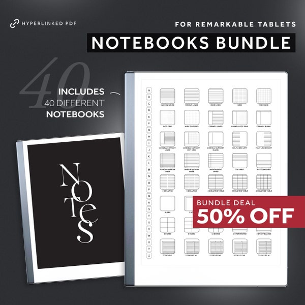 Remarkable 2 Notebook Bundle, Bemerkenswerte 2 Vorlagen, 40 digitale Notizbücher, liniertes Notizbuch, Dot Grid, Grid, Cornell