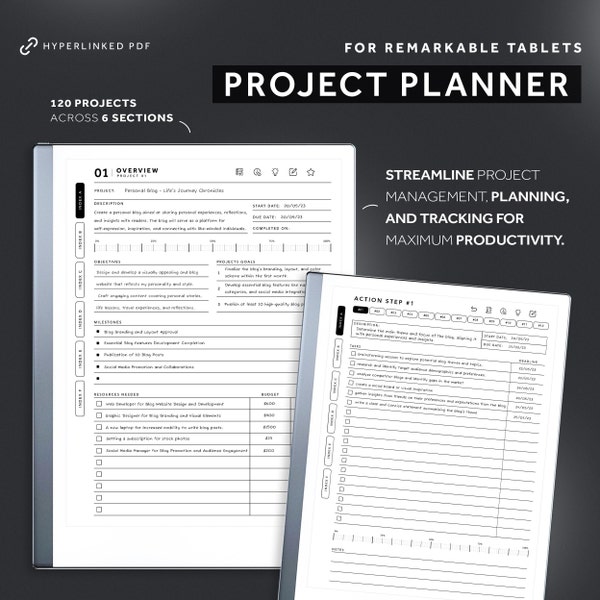 Remarkable 2 Project Planner, Project Management Templates, Project Tracker, Hyperlinked Planner