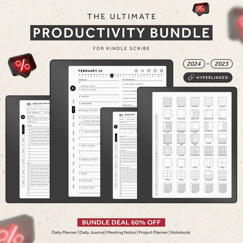 Kindle Scribe Templates, 2023, 2024, Productivity Bundle, Daily Planner