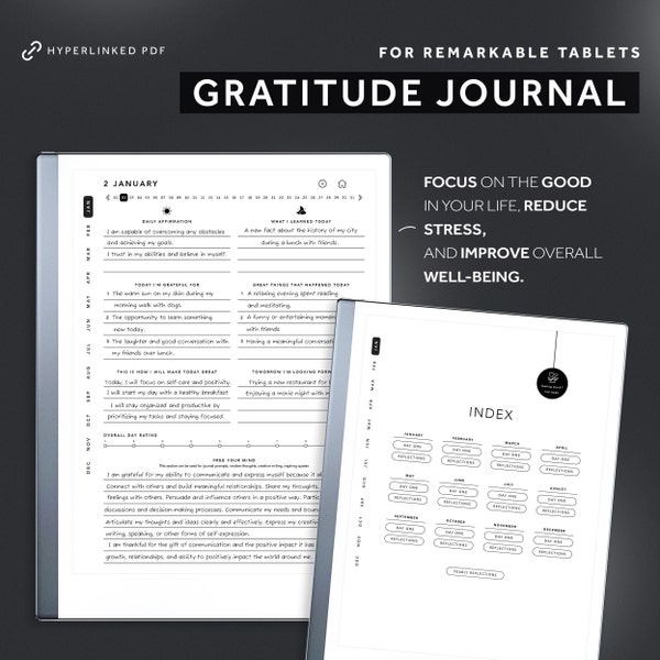 Remarkable 2 Dankbarkeit Journal, Vorlage für ein tägliches Dankbarkeit Journal, Selbstreflexion, verknüpftes PDF