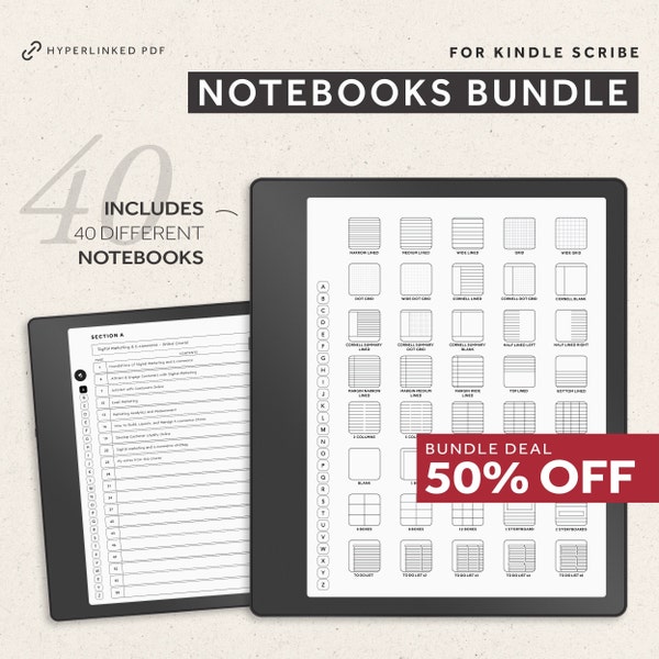 Kindle Scribe Notebook Bundle, 40 digitale Notizbücher, Kindle Scribe Vorlage, liniertes Notizbuch, Punktraster, Gitter, Cornell