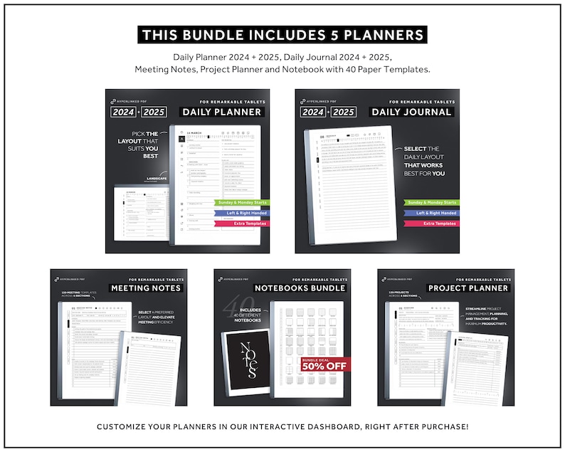 ReMarkable 2 Templates Bundle, Daily Planner, Daily Journal 2024, 2025, Meeting Notes, Project Planner, Notebook image 2