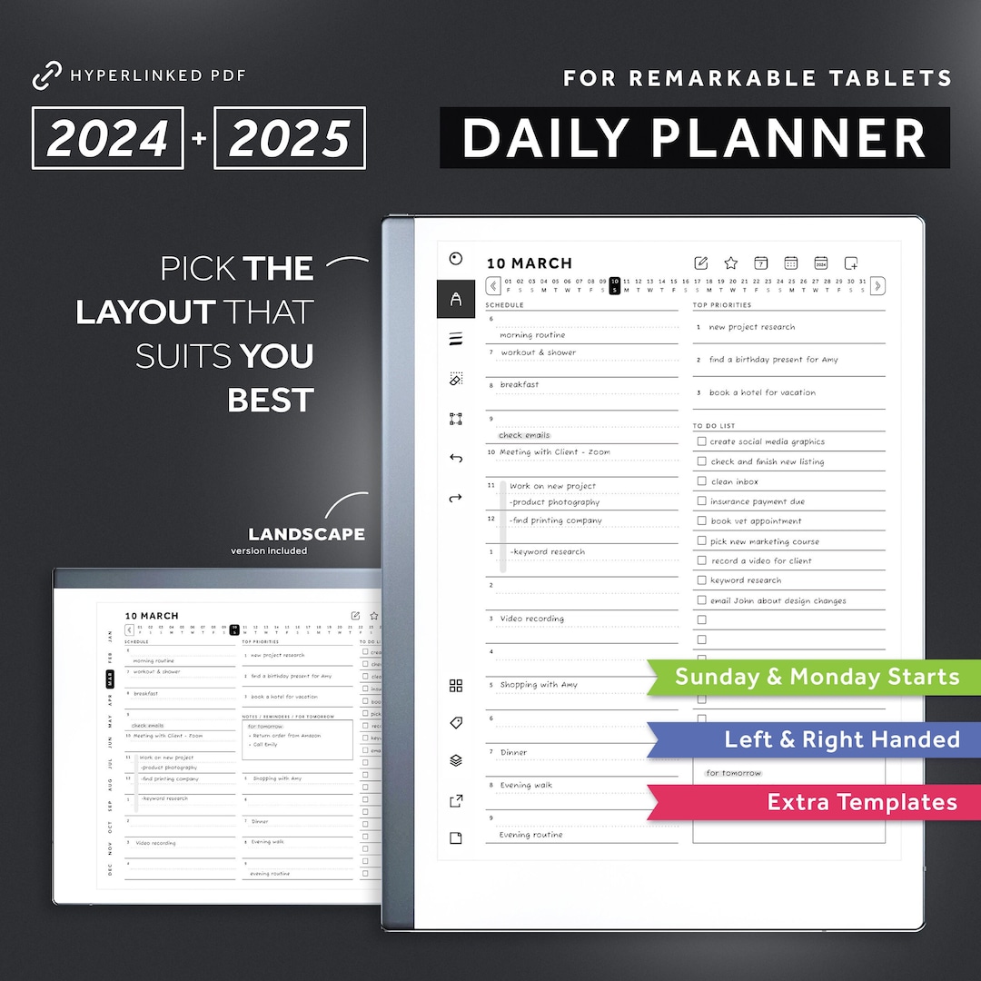 Remarkable 2 Daily Planner 2024, 2025, Hyperlinked Digital Planner