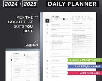 ReMarkable 2 Daily Planner 2024, 2025, Hyperlinked Digital Planner Template, Daily, Monthly, Weekly