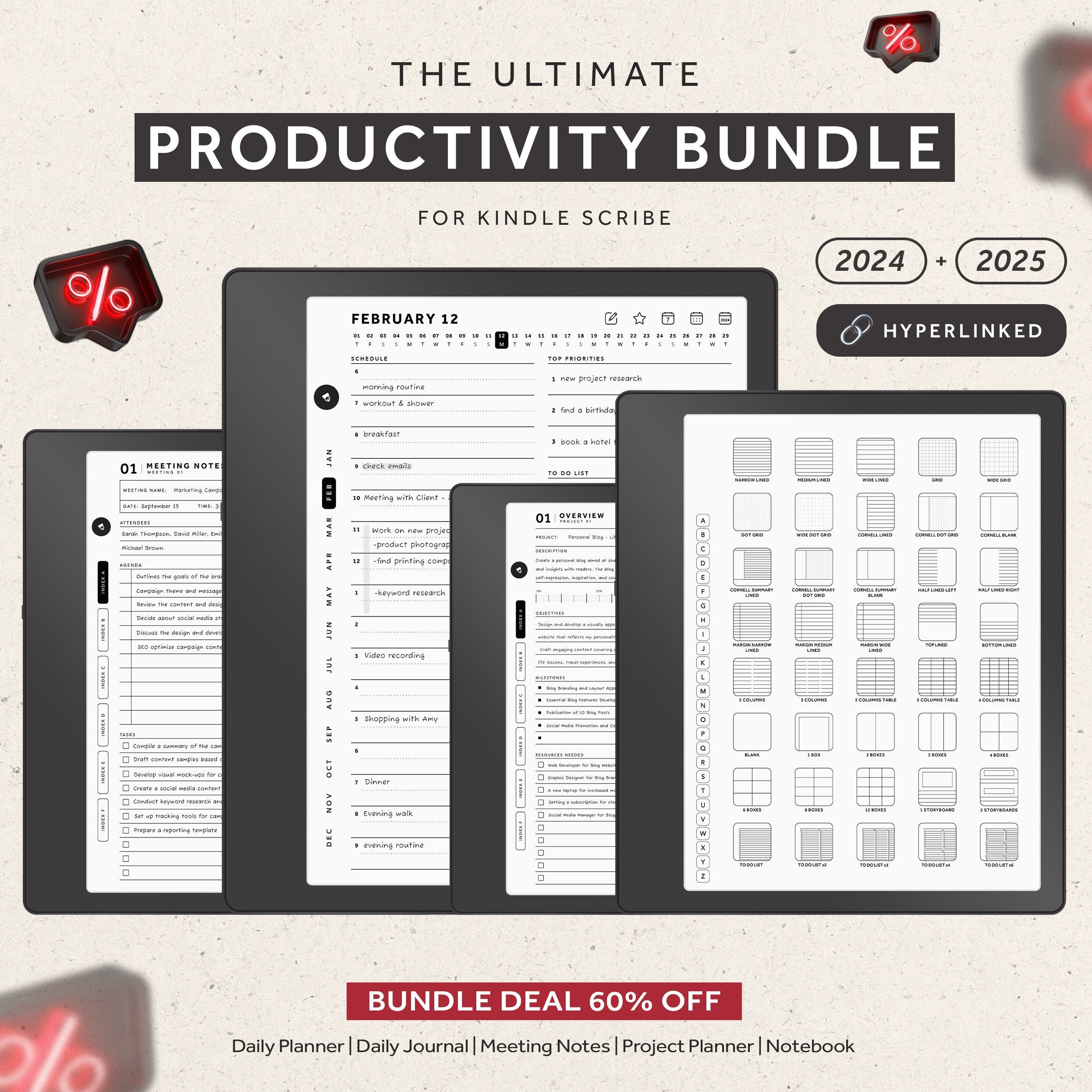 Kindle Scribe Templates, 2024, 2025, Productivity Bundle, Daily Planner