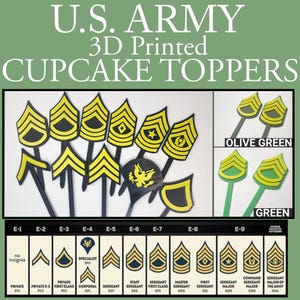 U.S. Army Cupcake Toppers, Enlisted Ranks, 3D Printed, Army, Single Sided, Customizable, Retirement, Promotion, Graduation, Award Ceremony