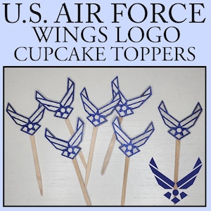 May include: Set of seven blue and silver glitter cupcake toppers featuring the U.S. Air Force wings logo. The toppers are attached to wooden sticks.