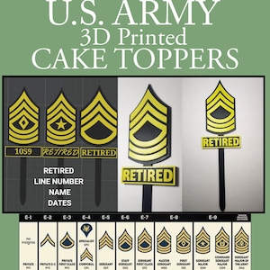U.S. Army Cake Toppers, Enlisted Ranks, 3D Printed, Army, Single Sided, Customizable, Retirement, Promotion, Graduation, Award Ceremony