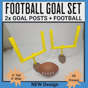 May include: A football goal set with two yellow goal posts and a brown football. The goal posts are 6 inches tall and 4 inches wide. The set is 3D printed and features a new design.