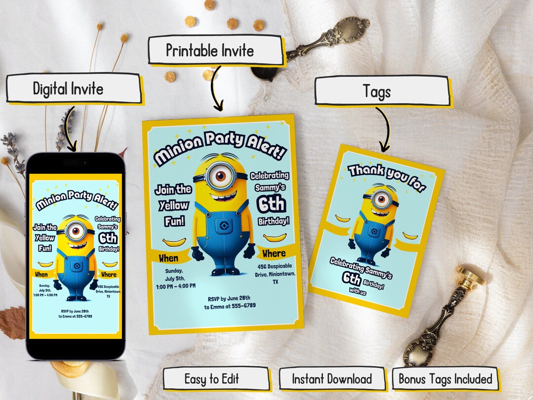 Editable Minions Invitation Template Minion Kids Birthday Invitation ...