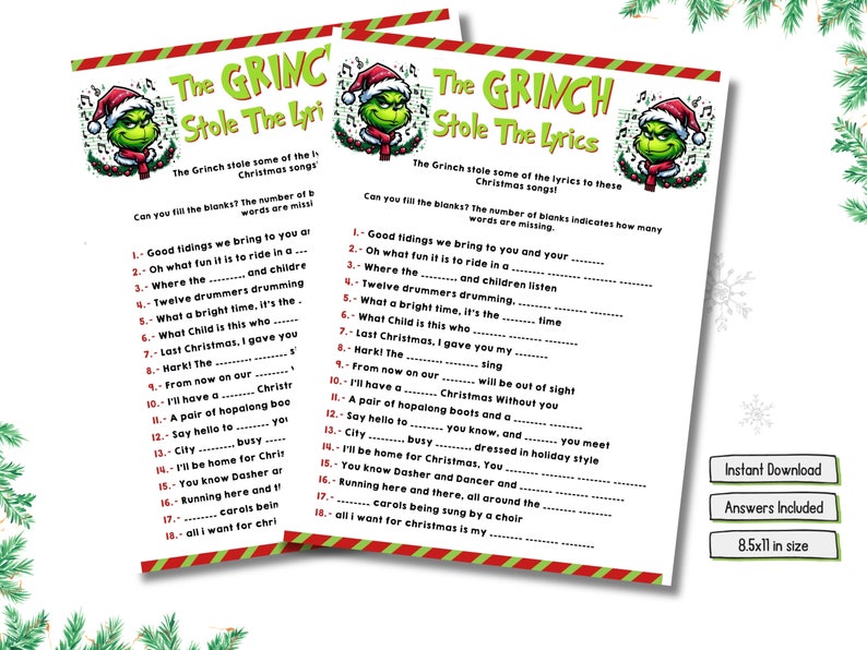 Grinch Stole the Lyrics Game PDF, Grinchmas Game, Christmas Party Game