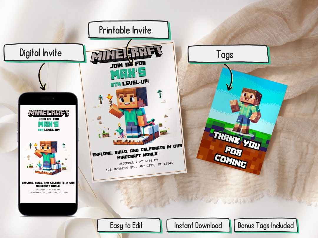 Minecraft Invitation Template Gamer Minecrafter Birthday Invitations Minecraft Invitation Template Gamer Minecrafter Birthday Invitations