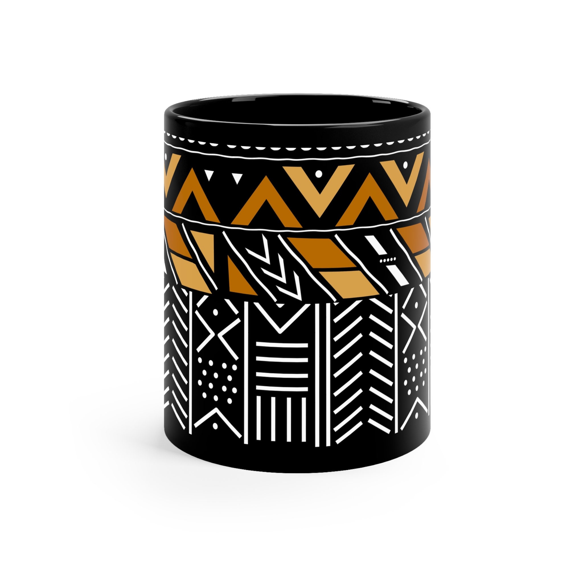 Dual Brown, Black and White Mudcloth Pattern 11oz Black Mug, Coffee, Tea, Hot Cocoa, Hot Water