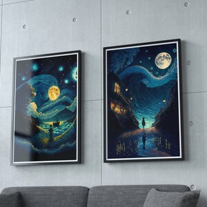 Lindo Tema de la Noche Estrellada Arte Digital 4 Piezas Bundle // Descarga instantánea de arte mural // Póster imprimible // Alta calidad
