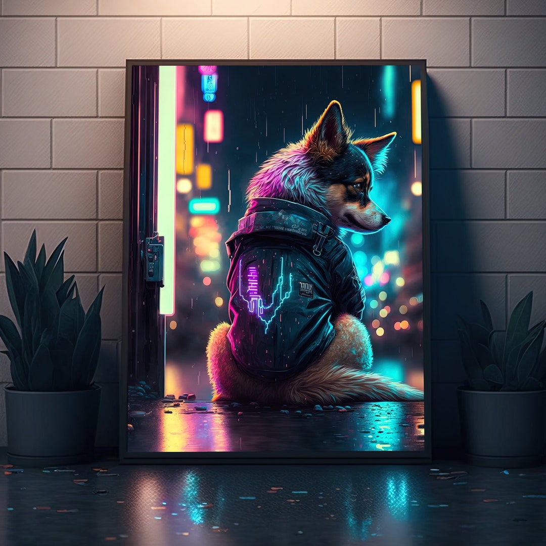 Cute Neon Cyberpunk Puppy, Instant Download Wall Art, Printable Poster ...