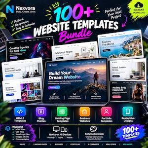 Può includere: Un pacchetto digitale di oltre 100 modelli di siti web con un portatile che mostra un design, circondato da varie anteprime di pagine. La grafica include etichette di testo per HTML5, blog, landing page, business, portfolio e design responsivi.