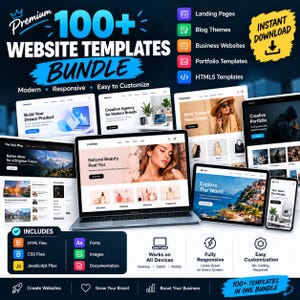 Peut inclure: Un ensemble numérique de plus de 100 modèles de sites web présentant diverses mises en page pour pages d'atterrissage, blogs et portfolios. Le graphique affiche plusieurs maquettes d'écrans, dont un ordinateur portable, une tablette et un smartphone, avec des textes détaillant les types de fichiers comme HTML, CSS et JavaScript.