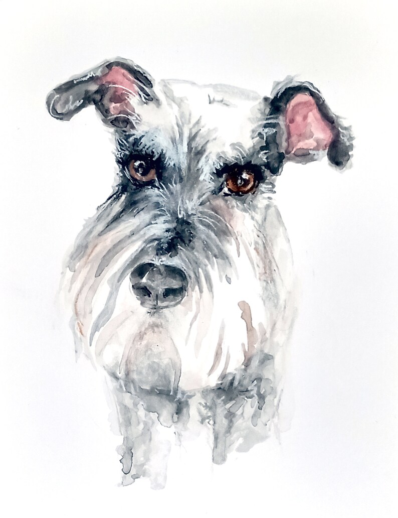 May include: Watercolor painting of a small, white and gray dog with black fur around its eyes and nose. The dog has pink ears and brown eyes. The painting is done in a realistic style.