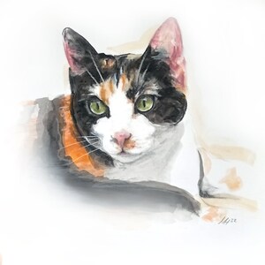 May include: Watercolor painting of a calico cat with green eyes. The cat is looking directly at the viewer. The painting is done in a soft, muted palette.