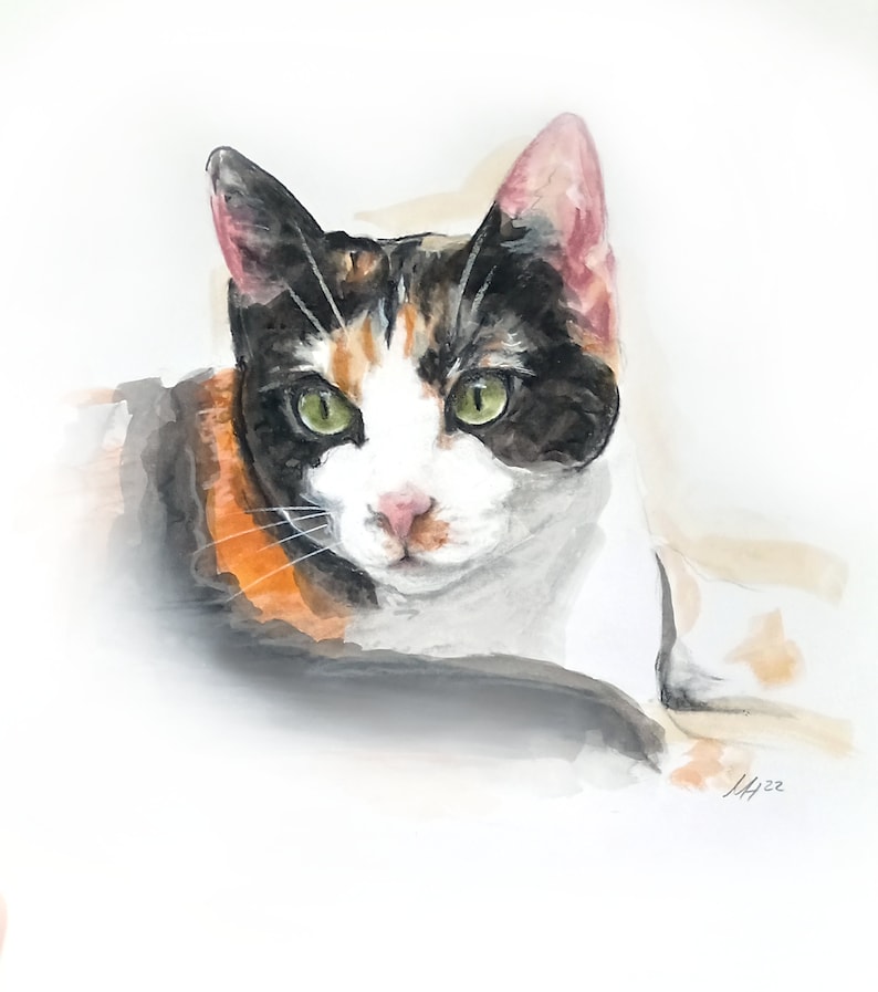 May include: Watercolor painting of a calico cat with green eyes. The cat is looking directly at the viewer. The painting is done in a soft, muted palette.