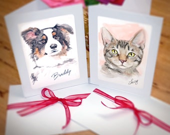 Pet Portrait Custom Greeting Card Hand Painted Personalized Gift Blank or Personalize Message with 1-2 Pet Framed Portrait in Envelope
